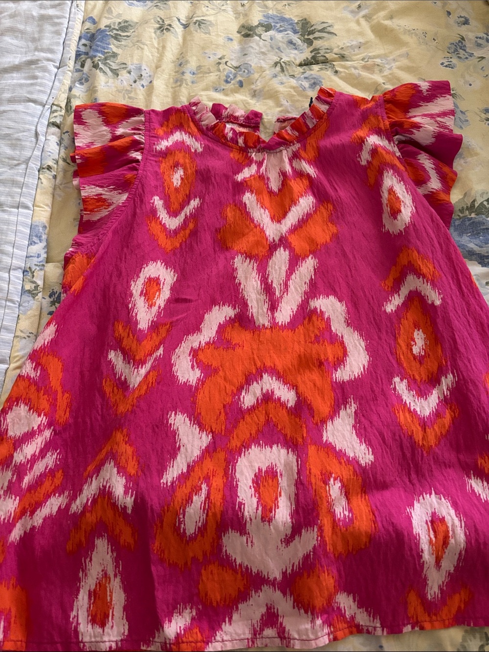 Bright Pink & Orange Ikat Print Ruffle Sleeve Blouse